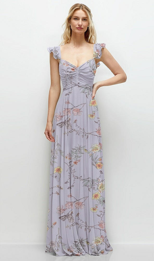 Front View - Butterfly Botanica Silver Dove Convertible Ruffle Strap Chiffon Maxi Dress with Full Circle Skirt