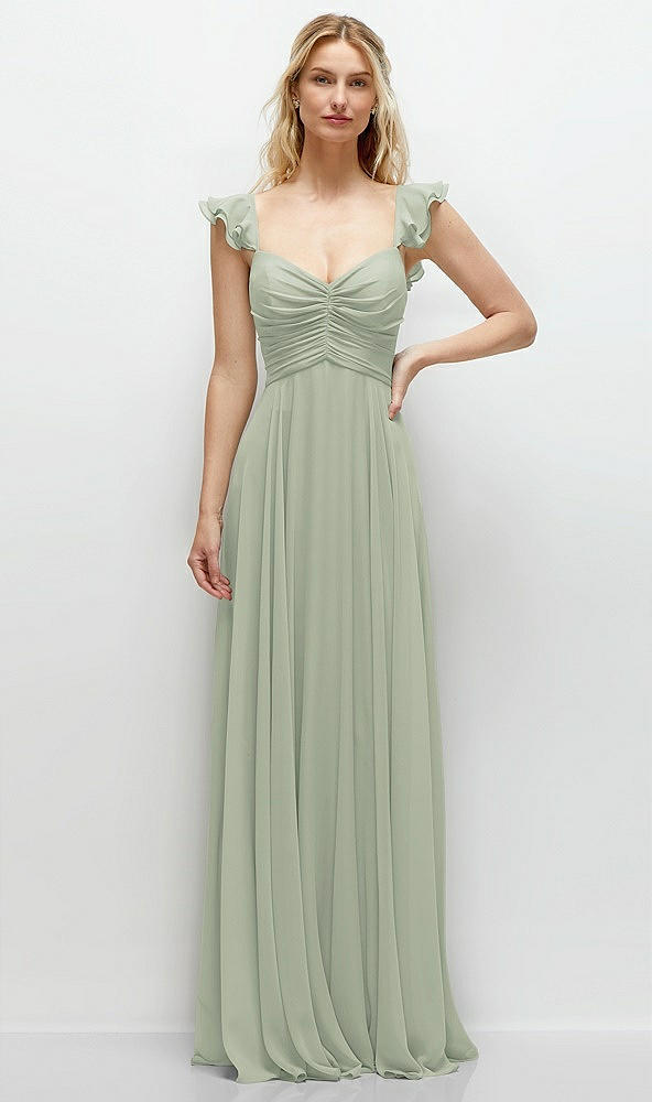 Front View - Celadon Convertible Ruffle Strap Chiffon Maxi Dress with Full Circle Skirt