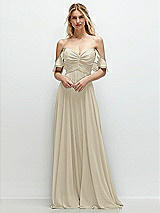 Alt View 1 Thumbnail - Champagne Convertible Ruffle Strap Chiffon Maxi Dress with Full Circle Skirt