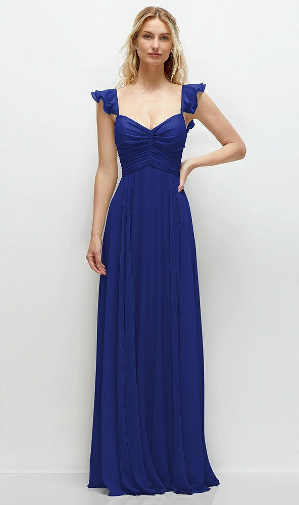 Front View - Cobalt Blue Convertible Ruffle Strap Chiffon Maxi Dress with Full Circle Skirt