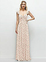 Front View Thumbnail - Coquette Floral Print Convertible Ruffle Strap Chiffon Maxi Dress with Full Circle Skirt