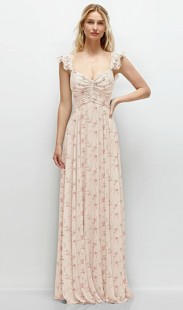 Front View - Coquette Floral Print Convertible Ruffle Strap Chiffon Maxi Dress with Full Circle Skirt