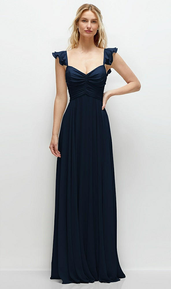 Front View - Midnight Navy Convertible Ruffle Strap Chiffon Maxi Dress with Full Circle Skirt