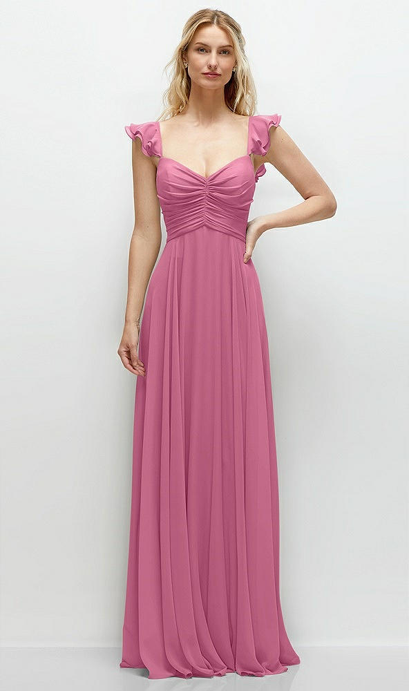 Front View - Orchid Pink Convertible Ruffle Strap Chiffon Maxi Dress with Full Circle Skirt