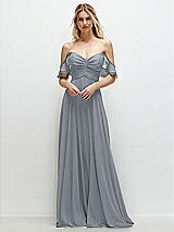 Alt View 1 Thumbnail - Platinum Convertible Ruffle Strap Chiffon Maxi Dress with Full Circle Skirt