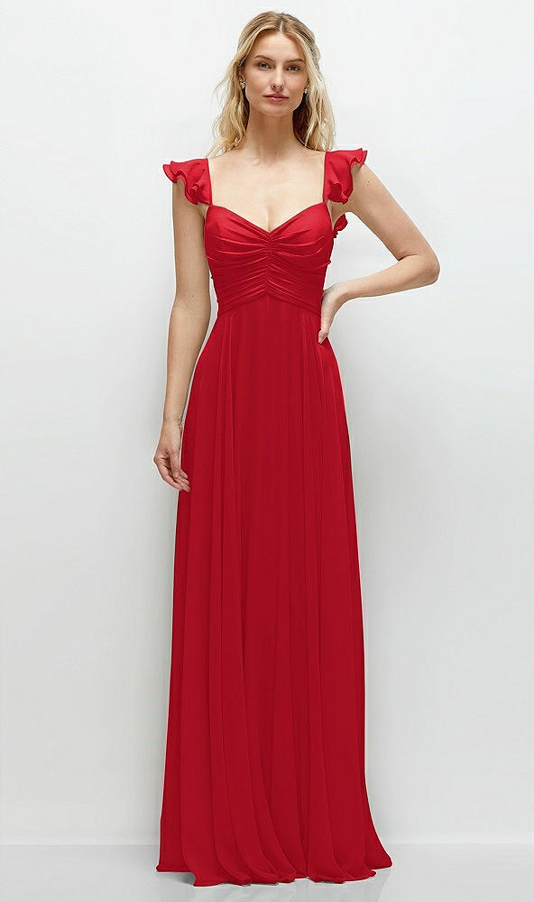 Front View - Parisian Red Convertible Ruffle Strap Chiffon Maxi Dress with Full Circle Skirt