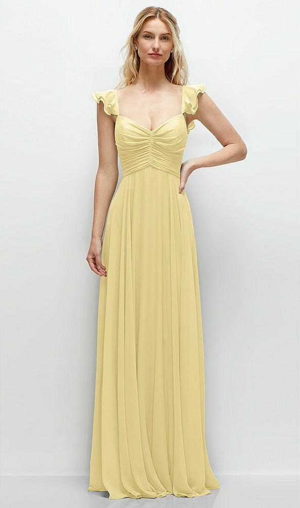 Front View - Pale Yellow Convertible Ruffle Strap Chiffon Maxi Dress with Full Circle Skirt