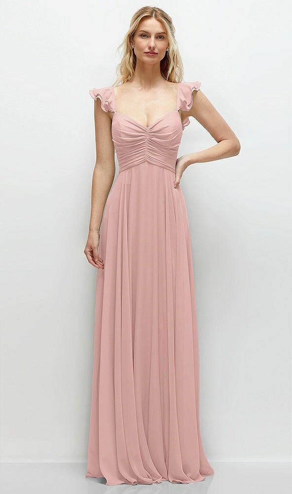 Front View - Rose - PANTONE Rose Quartz Convertible Ruffle Strap Chiffon Maxi Dress with Full Circle Skirt