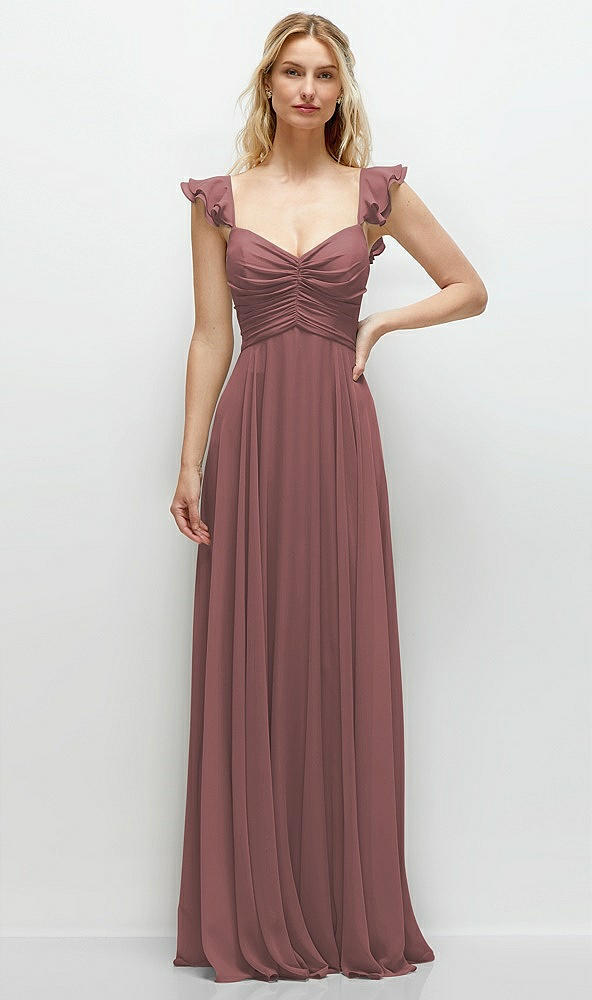 Front View - Rosewood Convertible Ruffle Strap Chiffon Maxi Dress with Full Circle Skirt