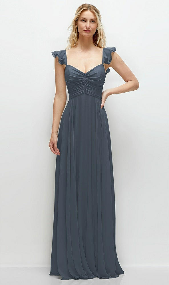 Front View - Silverstone Convertible Ruffle Strap Chiffon Maxi Dress with Full Circle Skirt