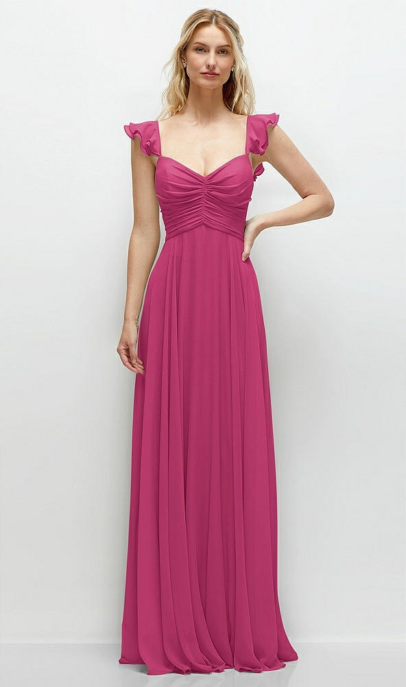 Front View - Tea Rose Convertible Ruffle Strap Chiffon Maxi Dress with Full Circle Skirt