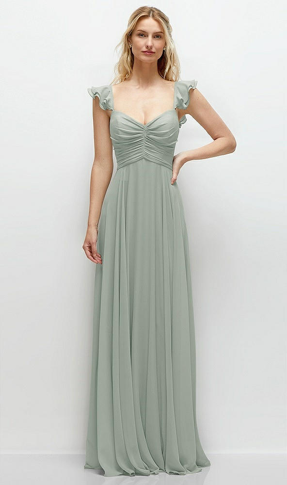 Front View - Willow Green Convertible Ruffle Strap Chiffon Maxi Dress with Full Circle Skirt