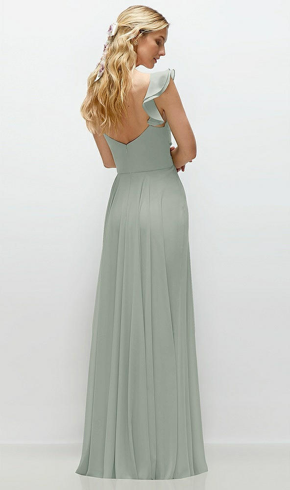 Back View - Willow Green Convertible Ruffle Strap Chiffon Maxi Dress with Full Circle Skirt