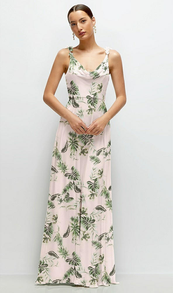 Front View - Palm Beach Print Cowl Neck Chiffon Maxi Dress with Hand-Worked Petal Straps