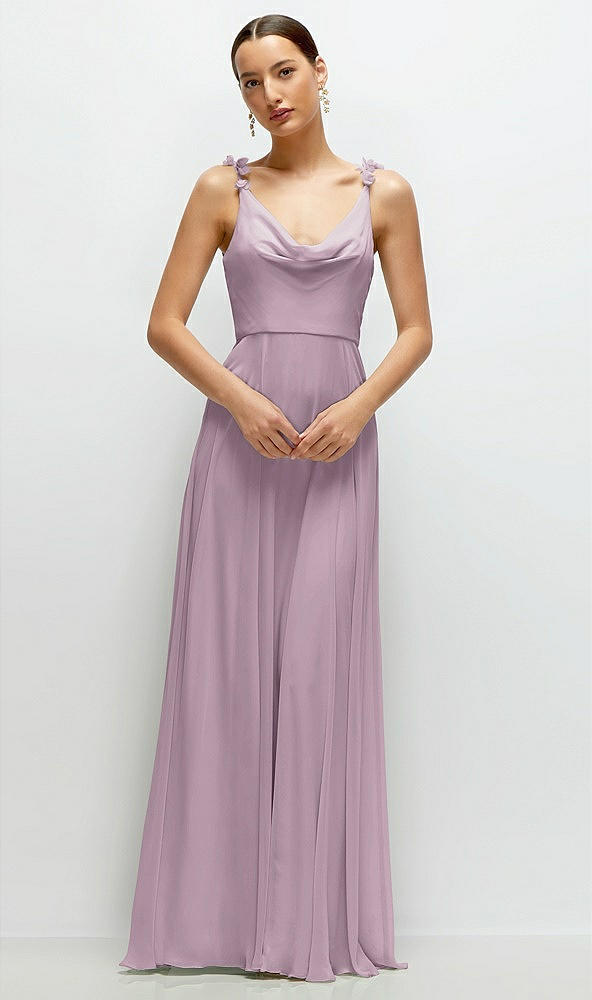 Front View - Suede Rose Cowl Neck Chiffon Maxi Dress with Hand-Worked Petal Straps