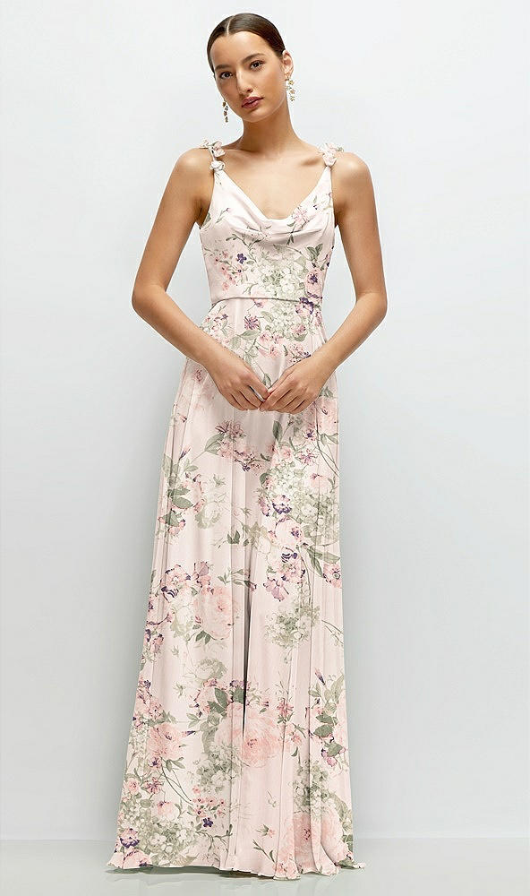 Front View - Blush Garden Cowl Neck Chiffon Maxi Dress with Hand-Worked Petal Straps