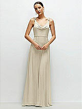 Front View Thumbnail - Champagne Cowl Neck Chiffon Maxi Dress with Hand-Worked Petal Straps