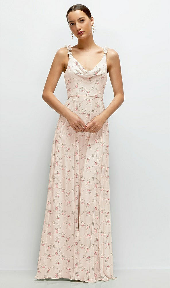 Front View - Coquette Floral Print Cowl Neck Chiffon Maxi Dress with Hand-Worked Petal Straps