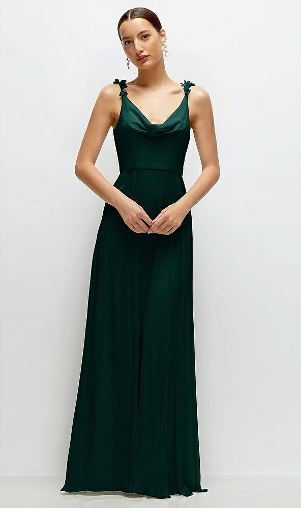 Front View - Evergreen Cowl Neck Chiffon Maxi Dress with Hand-Worked Petal Straps