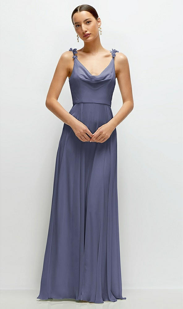 Front View - French Blue Cowl Neck Chiffon Maxi Dress with Hand-Worked Petal Straps