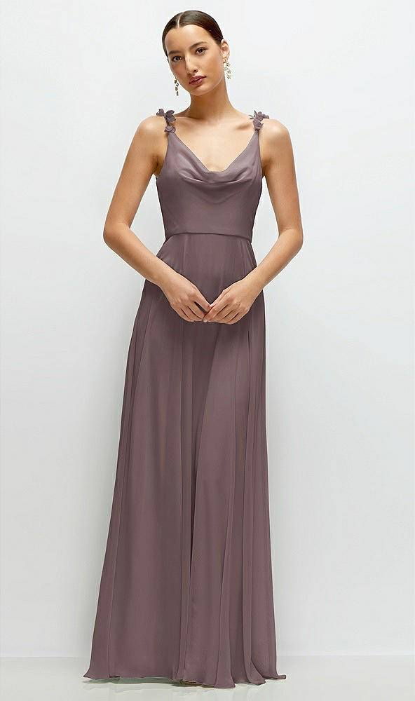 Front View - French Truffle Cowl Neck Chiffon Maxi Dress with Hand-Worked Petal Straps