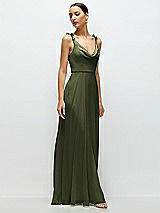 Side View Thumbnail - Olive Green Cowl Neck Chiffon Maxi Dress with Hand-Worked Petal Straps