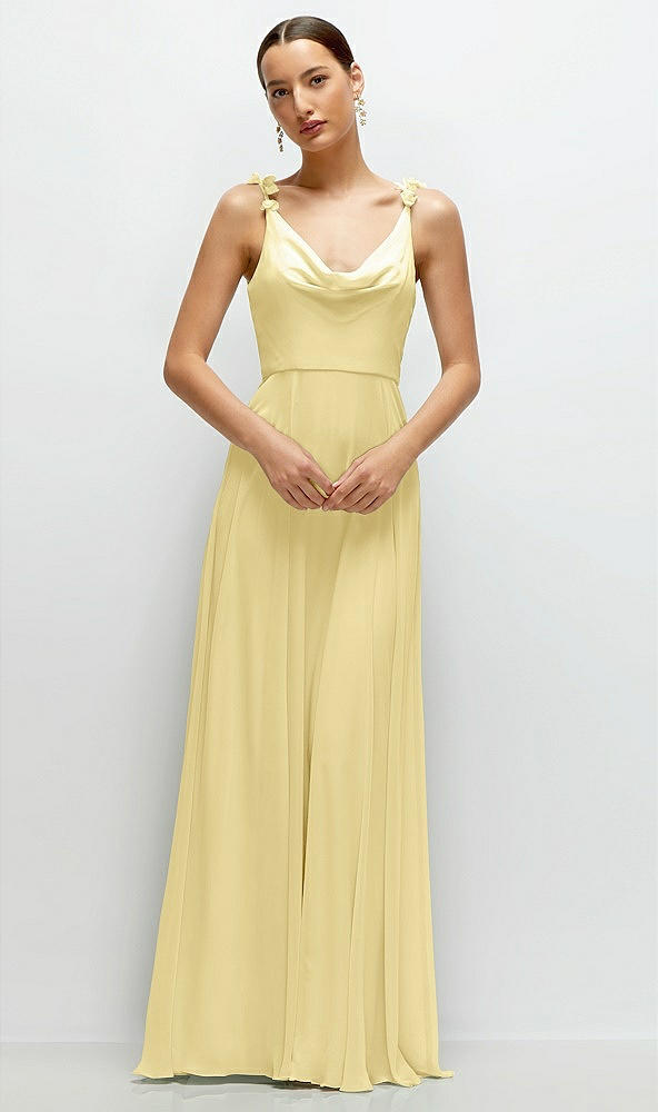 Front View - Pale Yellow Cowl Neck Chiffon Maxi Dress with Hand-Worked Petal Straps