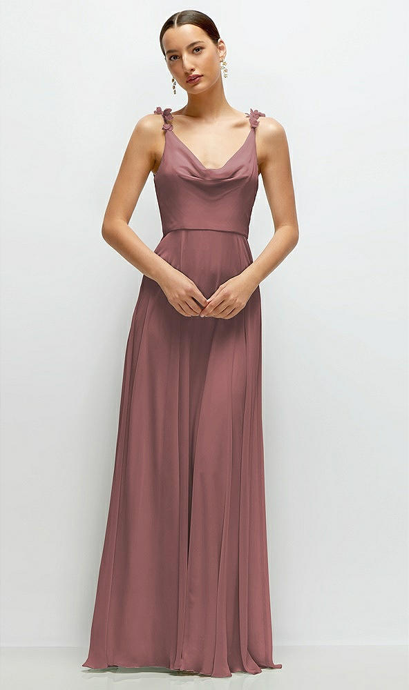 Front View - Rosewood Cowl Neck Chiffon Maxi Dress with Hand-Worked Petal Straps