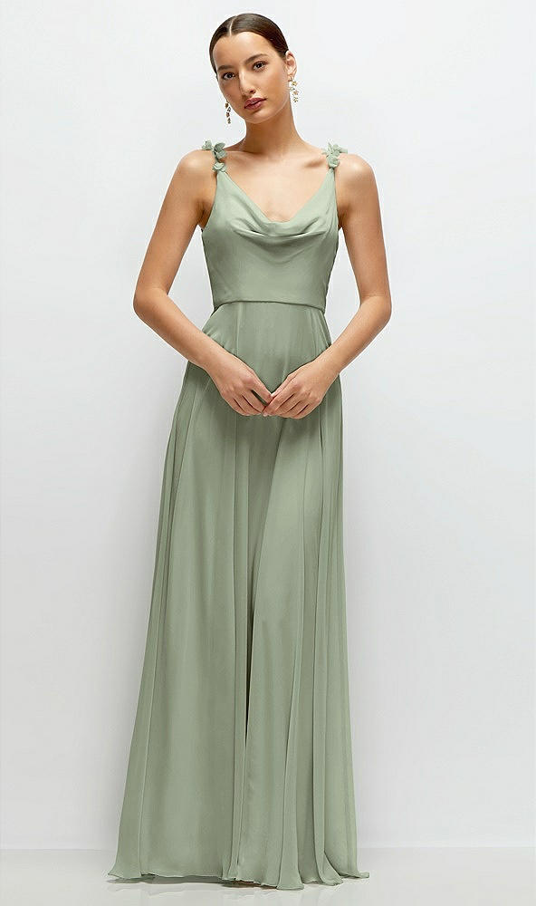 Front View - Sage Cowl Neck Chiffon Maxi Dress with Hand-Worked Petal Straps