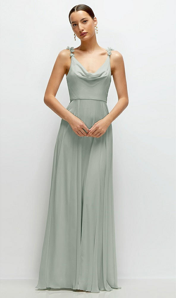 Front View - Willow Green Cowl Neck Chiffon Maxi Dress with Hand-Worked Petal Straps