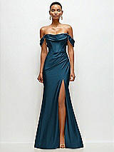 Front View Thumbnail - Atlantic Blue Cowl Neck Off-the-Shoulder Stretch Satin Fit and Flare Corset Maxi Dress