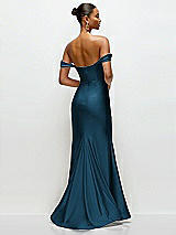 Rear View Thumbnail - Atlantic Blue Cowl Neck Off-the-Shoulder Stretch Satin Fit and Flare Corset Maxi Dress