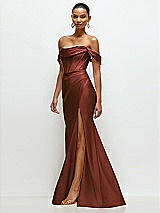 Side View Thumbnail - Auburn Moon Cowl Neck Off-the-Shoulder Stretch Satin Fit and Flare Corset Maxi Dress