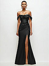 Front View Thumbnail - Black Cowl Neck Off-the-Shoulder Stretch Satin Fit and Flare Corset Maxi Dress