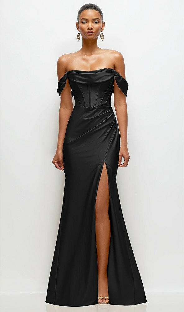 Front View - Black Cowl Neck Off-the-Shoulder Stretch Satin Fit and Flare Corset Maxi Dress