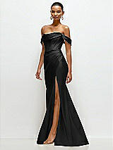 Side View Thumbnail - Black Cowl Neck Off-the-Shoulder Stretch Satin Fit and Flare Corset Maxi Dress