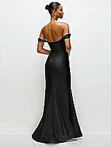 Rear View Thumbnail - Black Cowl Neck Off-the-Shoulder Stretch Satin Fit and Flare Corset Maxi Dress