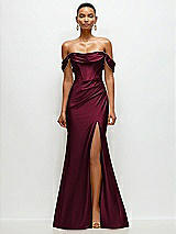 Front View Thumbnail - Cabernet Cowl Neck Off-the-Shoulder Stretch Satin Fit and Flare Corset Maxi Dress