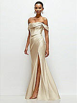 Side View Thumbnail - Champagne Cowl Neck Off-the-Shoulder Stretch Satin Fit and Flare Corset Maxi Dress