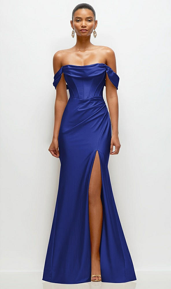 Front View - Cobalt Blue Cowl Neck Off-the-Shoulder Stretch Satin Fit and Flare Corset Maxi Dress