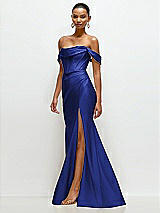 Side View Thumbnail - Cobalt Blue Cowl Neck Off-the-Shoulder Stretch Satin Fit and Flare Corset Maxi Dress