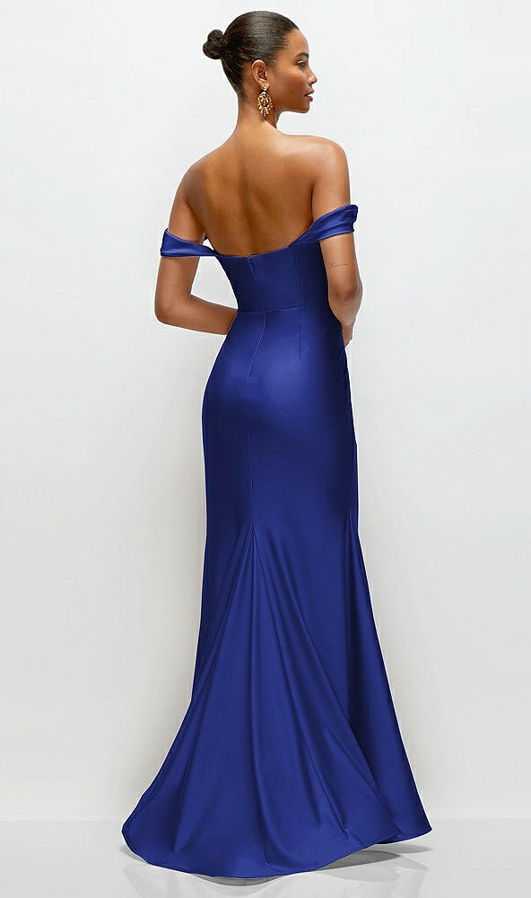 Back View - Cobalt Blue Cowl Neck Off-the-Shoulder Stretch Satin Fit and Flare Corset Maxi Dress