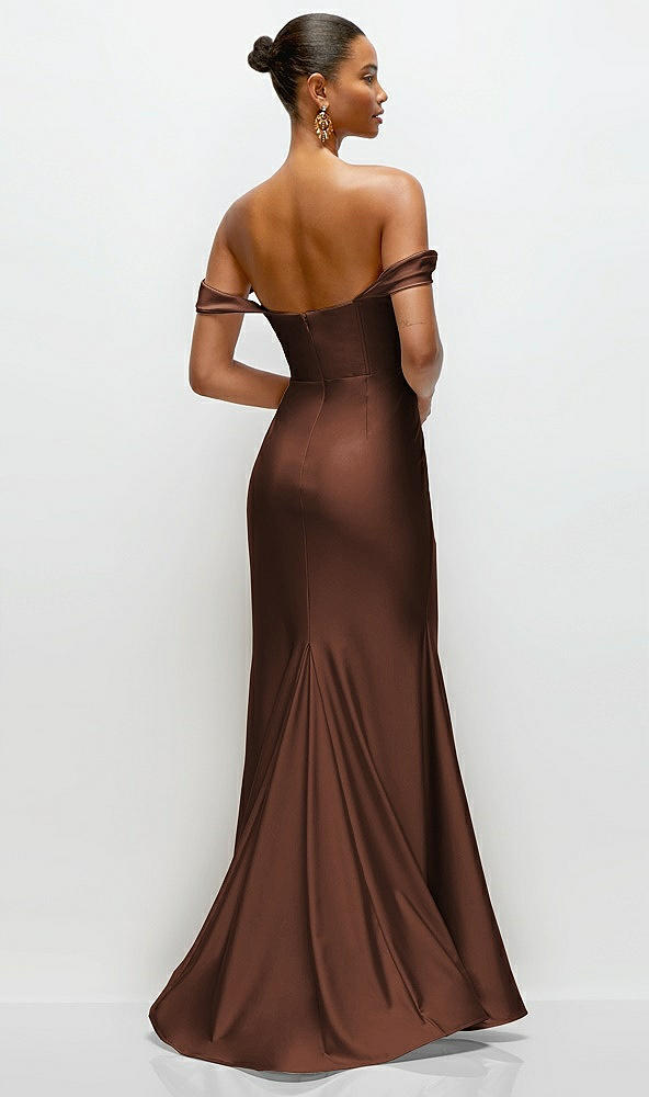 Back View - Cognac Cowl Neck Off-the-Shoulder Stretch Satin Fit and Flare Corset Maxi Dress