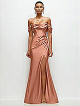 Front View Thumbnail - Copper Penny Cowl Neck Off-the-Shoulder Stretch Satin Fit and Flare Corset Maxi Dress