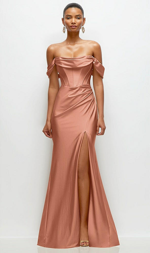 Front View - Copper Penny Cowl Neck Off-the-Shoulder Stretch Satin Fit and Flare Corset Maxi Dress