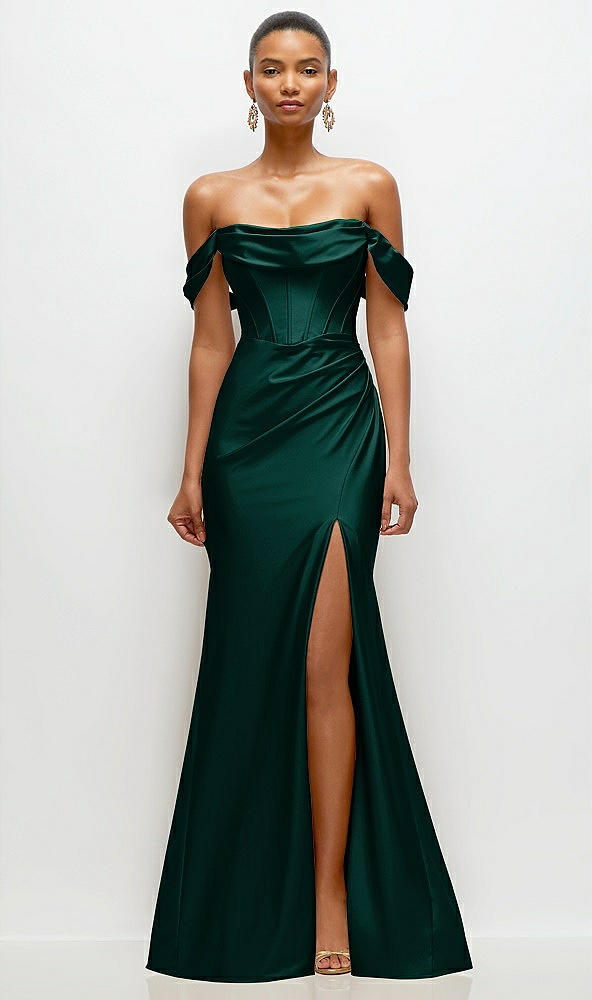 Front View - Evergreen Cowl Neck Off-the-Shoulder Stretch Satin Fit and Flare Corset Maxi Dress