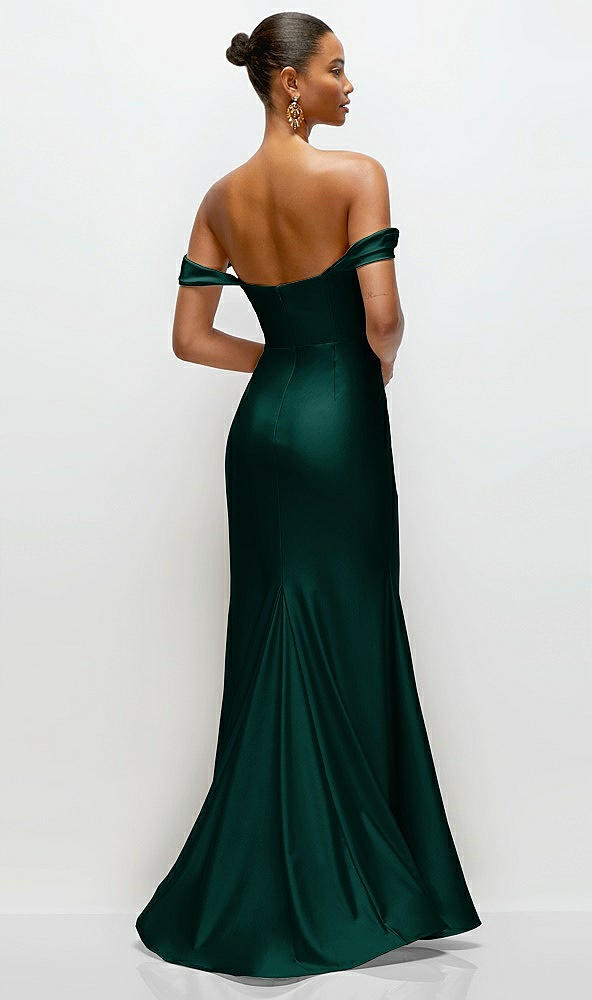 Back View - Evergreen Cowl Neck Off-the-Shoulder Stretch Satin Fit and Flare Corset Maxi Dress