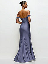 Rear View Thumbnail - French Blue Cowl Neck Off-the-Shoulder Stretch Satin Fit and Flare Corset Maxi Dress