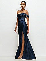 Side View Thumbnail - Midnight Navy Cowl Neck Off-the-Shoulder Stretch Satin Fit and Flare Corset Maxi Dress