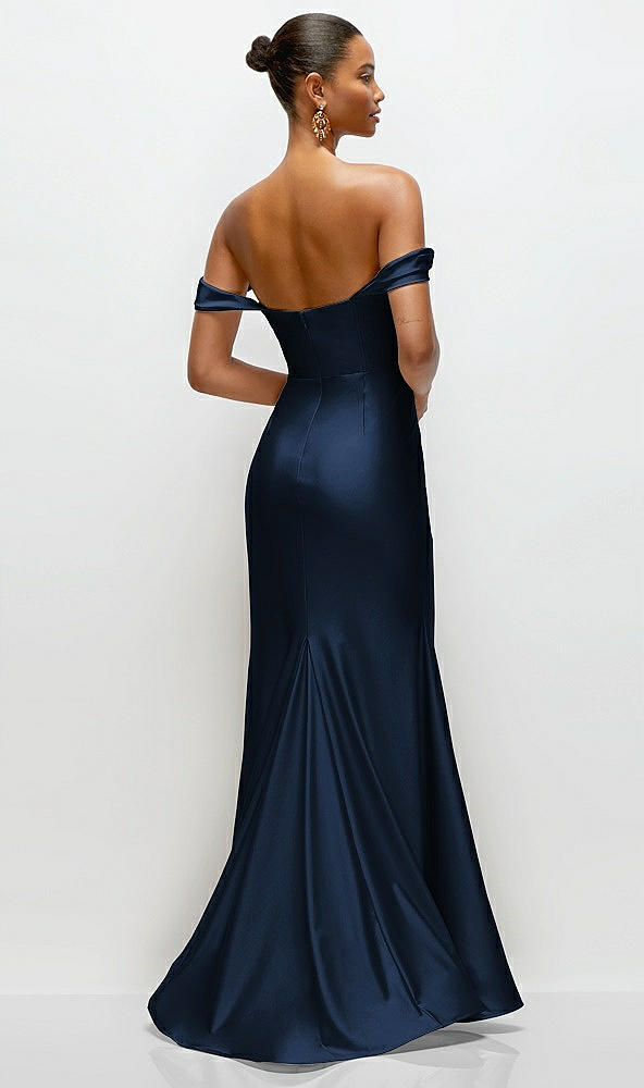 Back View - Midnight Navy Cowl Neck Off-the-Shoulder Stretch Satin Fit and Flare Corset Maxi Dress